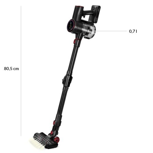 Na obrazie widoczny jest czarny odkurzacz pionowy z czerwonymi akcentami. Obok odkurzacza znajdują się oznaczenia wysokości 80,5 cm i 0,7 l.