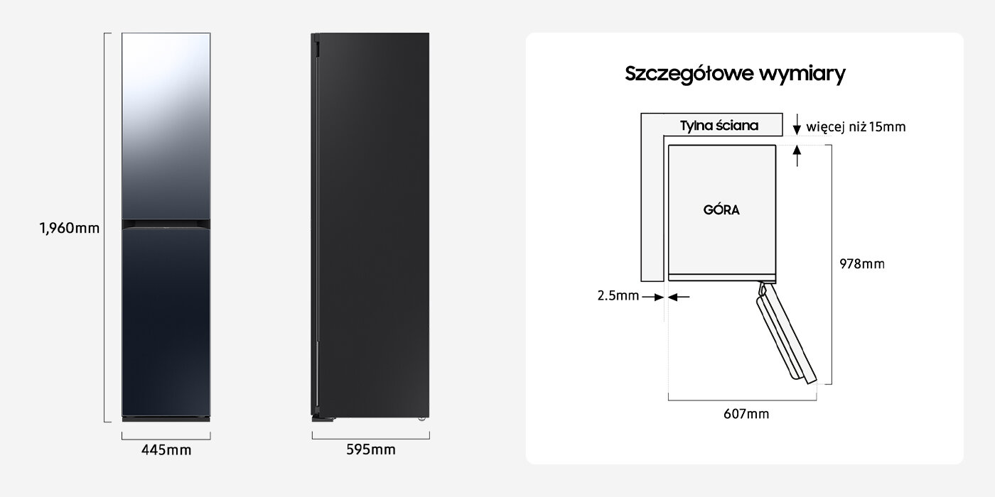 Obraz przedstawia szafę parową z przodu i z boku, z wymiarami 1960 mm wysokości, 445 mm szerokości i 595 mm głębokości. Po prawej stronie znajduje się schemat z napisem \'Szczegółowe wymiary\', pokazujący wymiary 607 mm i 978 mm oraz oznaczenie \'GÓRA\'.