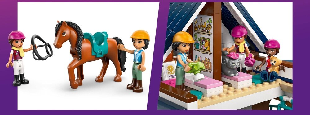 Na pierwszym obrazie widoczne są dwie figurki LEGO z koniem, jedna trzyma uzdę, a druga dotyka konia. Na drugim obrazie trzy figurki LEGO znajdują się w pomieszczeniu z zabawkowymi zwierzętami i kolorowymi elementami konstrukcyjnymi.