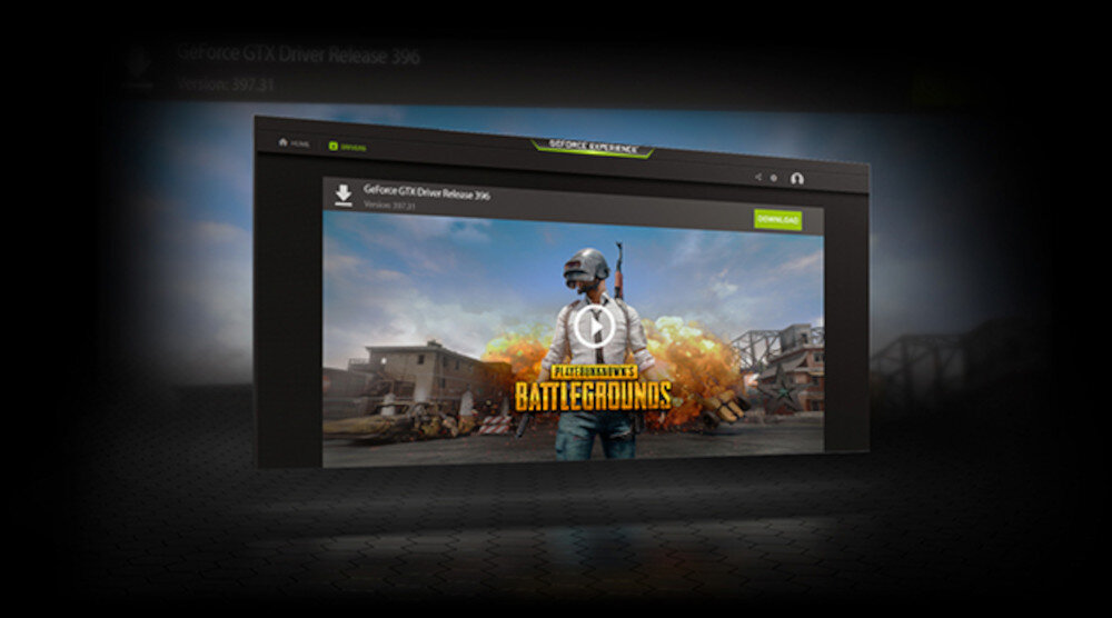 Obraz przedstawia ekran z aplikacją GeForce Experience, na którym widoczna jest gra PLAYERUNKNOWN\'S BATTLEGROUNDS z postacią na tle eksplozji. Na górze ekranu znajduje się napis \'GeForce GTX Driver Release 396\'.