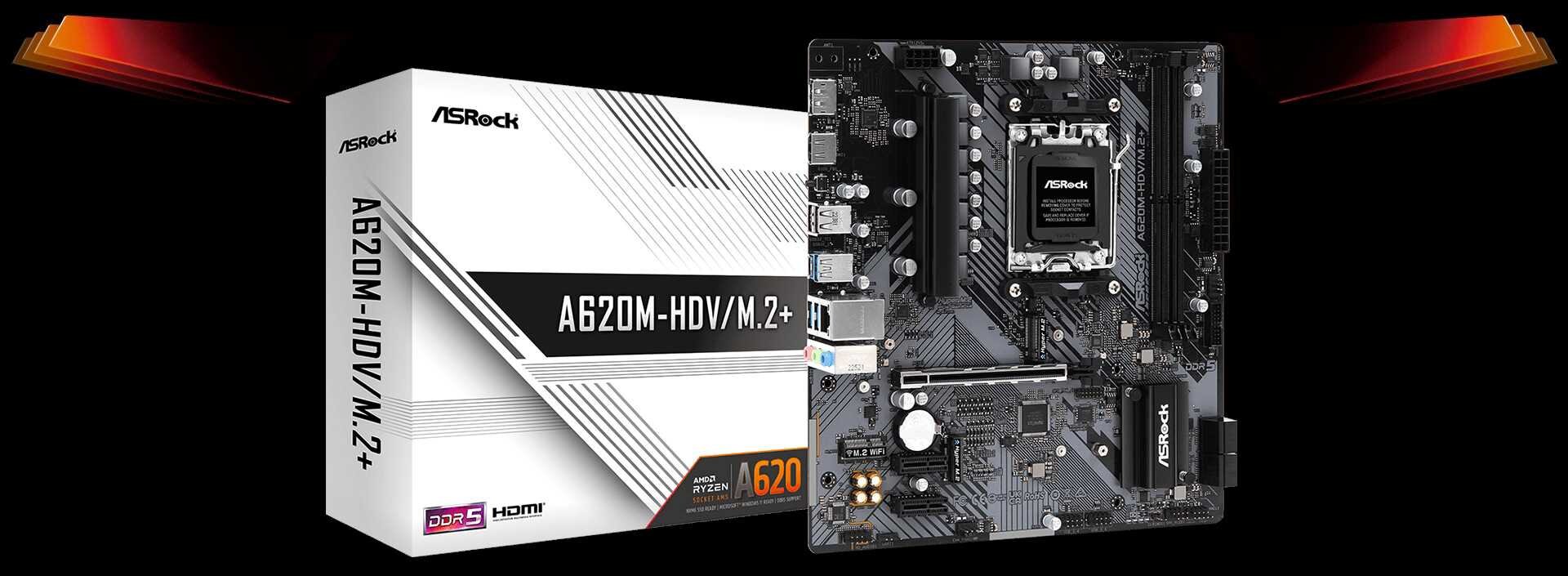 Obraz przedstawia pudełko i płytę główną ASROCK A620M-HDV/M.2+. Na pudełku widoczne są napisy: \'ASRock\', \'A620M-HDV/M.2+\', \'DDR5\', \'HDMI\', \'A620\'.
