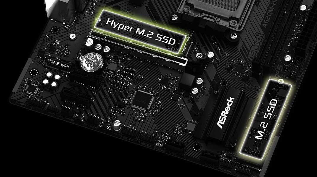 Obraz przedstawia płytę główną z widocznymi oznaczeniami \'Hyper M.2 SSD\' i \'M.2 SSD\'. Na płycie znajduje się również logo \'ASRock\'.