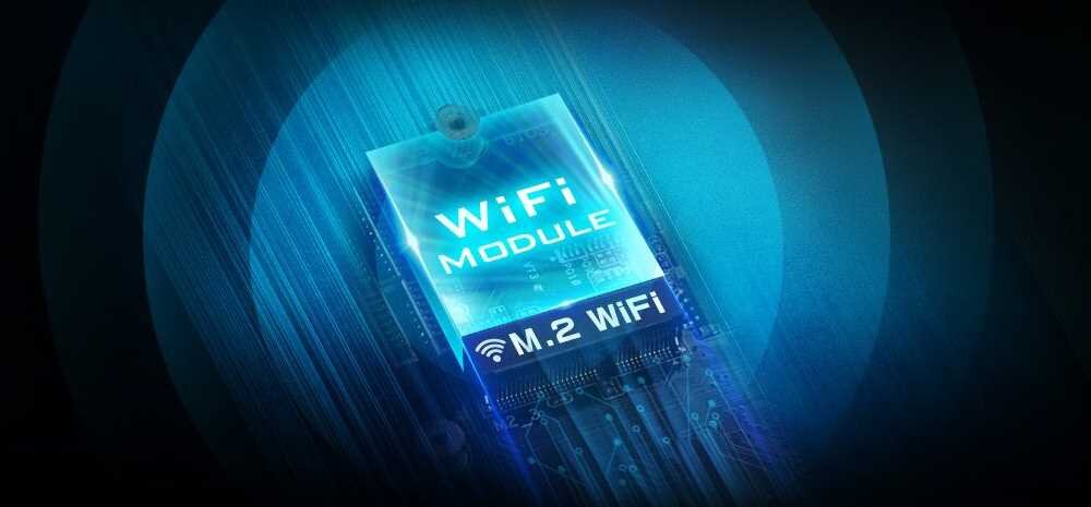 Obraz przedstawia moduł WiFi z napisem \'WiFi MODULE\' oraz \'M.2 WiFi\' na niebieskim tle z efektem świetlnym.