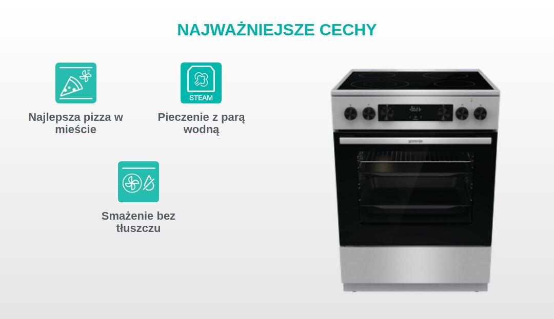 Obraz przedstawia kuchenkę GORENJE z czarnym frontem i srebrnymi elementami. Obok znajdują się ikony z napisami: \'Najlepsza pizza w mieście\', \'Pieczenie z parą wodną\', \'Smażenie bez tłuszczu\'.