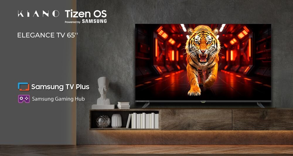 Telewizor wyświetla obraz tygrysa w dynamicznej, czerwonej scenerii. Obok widoczne są napisy: \'Kiano Tizen OS Powered by Samsung\', \'ELEGANCE TV 65\'\', \'Samsung TV Plus\', \'Samsung Gaming Hub\'.