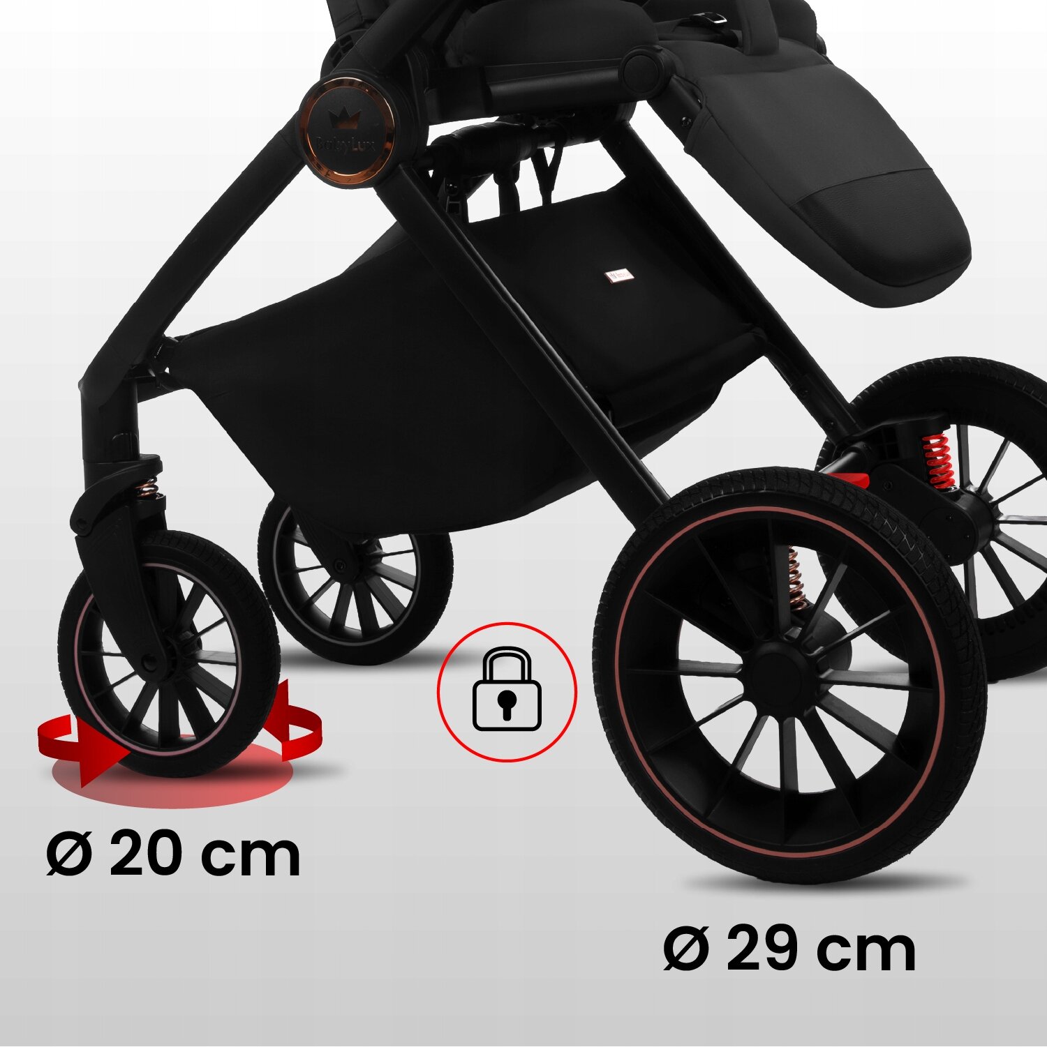 Czarny wózek dziecięcy z widocznymi kołami o średnicy 20 cm i 29 cm. Na obrazie znajduje się ikona kłódki w czerwonym okręgu.