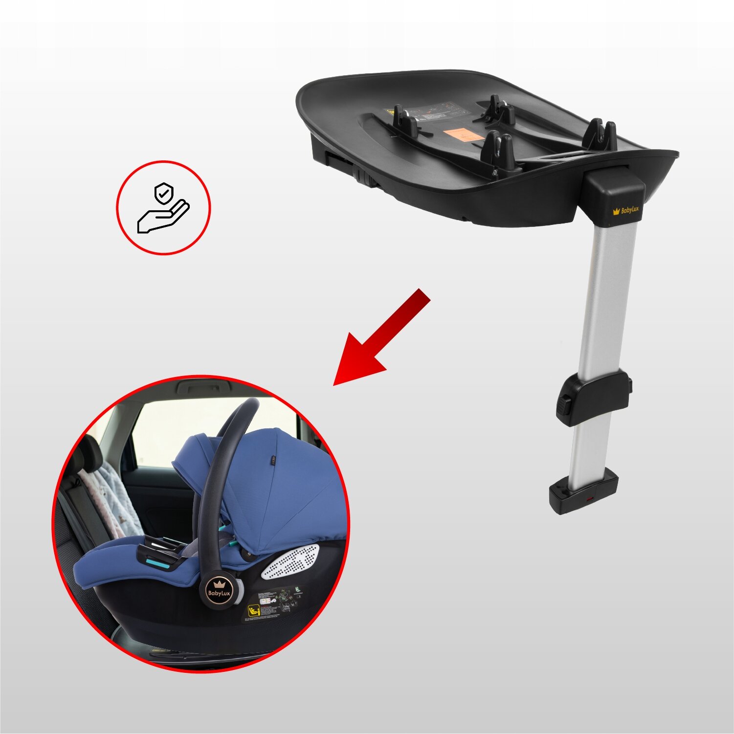 Obraz przedstawia bazę ISOFIX z logo \'BabyLux\' oraz fotelik samochodowy w kolorze niebieskim zamontowany w samochodzie. Na obrazie widoczna jest również czerwona strzałka wskazująca na fotelik.