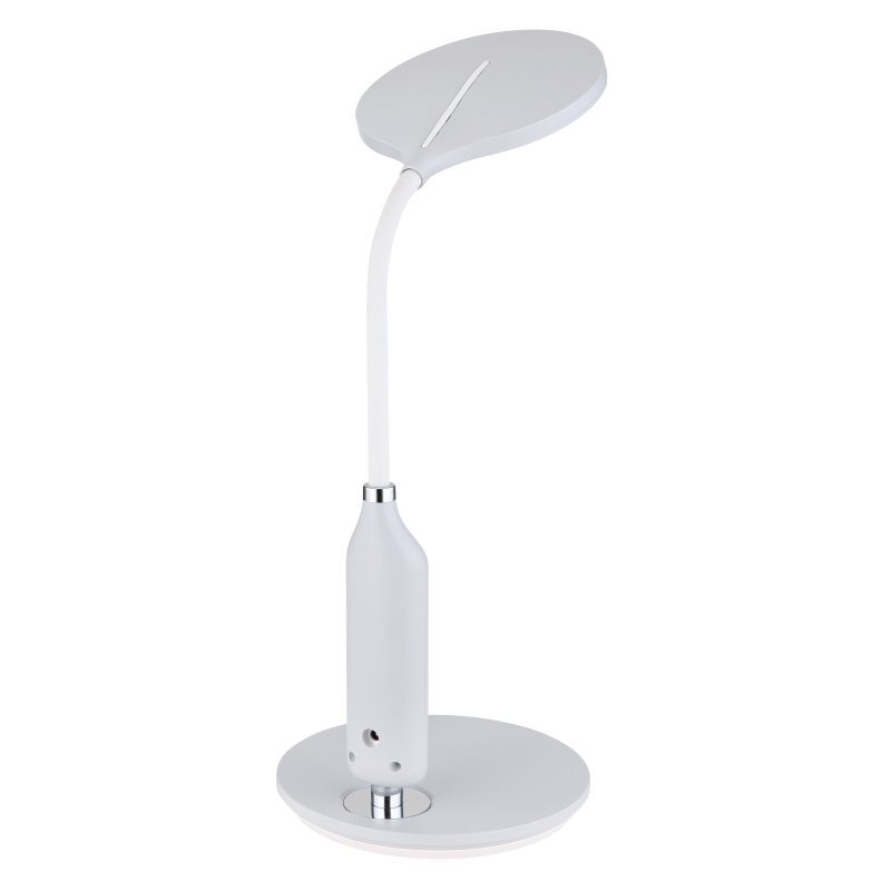 Szara lampa biurkowa LED z okrągłą podstawą i elastycznym ramieniem zakończonym płaskim, owalnym kloszem. Lampa posiada dotykowy panel do zmiany barwy światła.