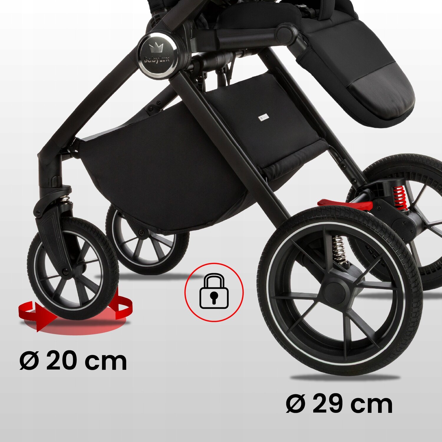 Czarny wózek dziecięcy z widocznymi kołami o średnicy 20 cm i 29 cm oraz ikoną kłódki. Logo producenta BabyLux znajduje się na ramie wózka.