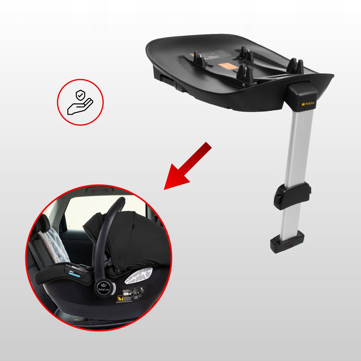 Obraz przedstawia bazę ISOFIX z logo \'media expert\' oraz fotelik samochodowy umieszczony w samochodzie. Na obrazie widoczna jest czerwona strzałka wskazująca na fotelik.