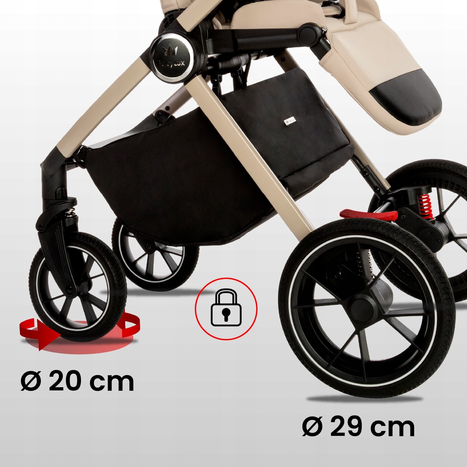 Obraz przedstawia dolną część wózka dziecięcego z widocznymi kołami o średnicach 20 cm i 29 cm. Na środku znajduje się ikona kłódki w czerwonym okręgu, a na ramie wózka widoczne jest logo \'BabyLux\'.