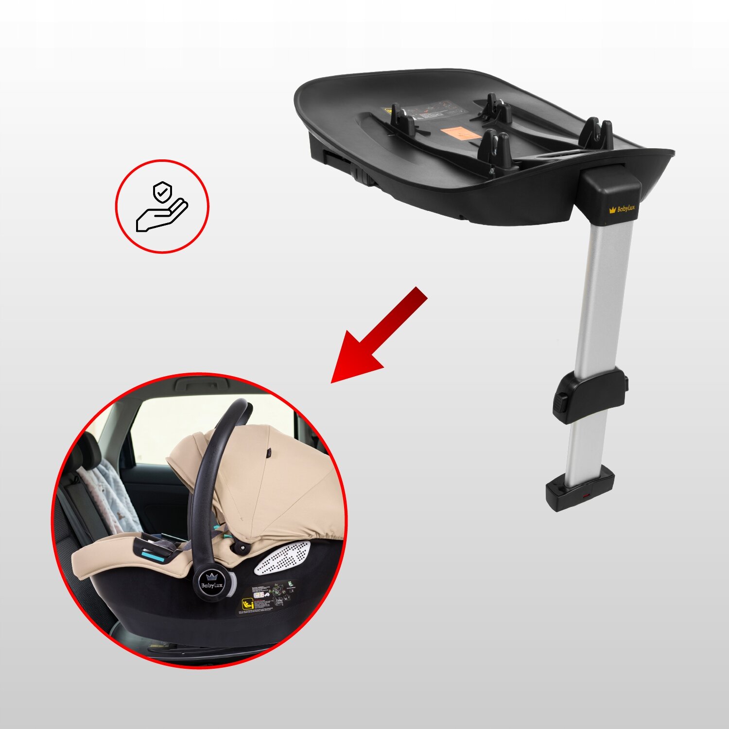 Obraz przedstawia bazę ISOFIX z logo \'media expert\' oraz fotelik samochodowy w kolorze beżowym zamontowany w samochodzie. Na obrazie widoczna jest również czerwona strzałka wskazująca na fotelik.