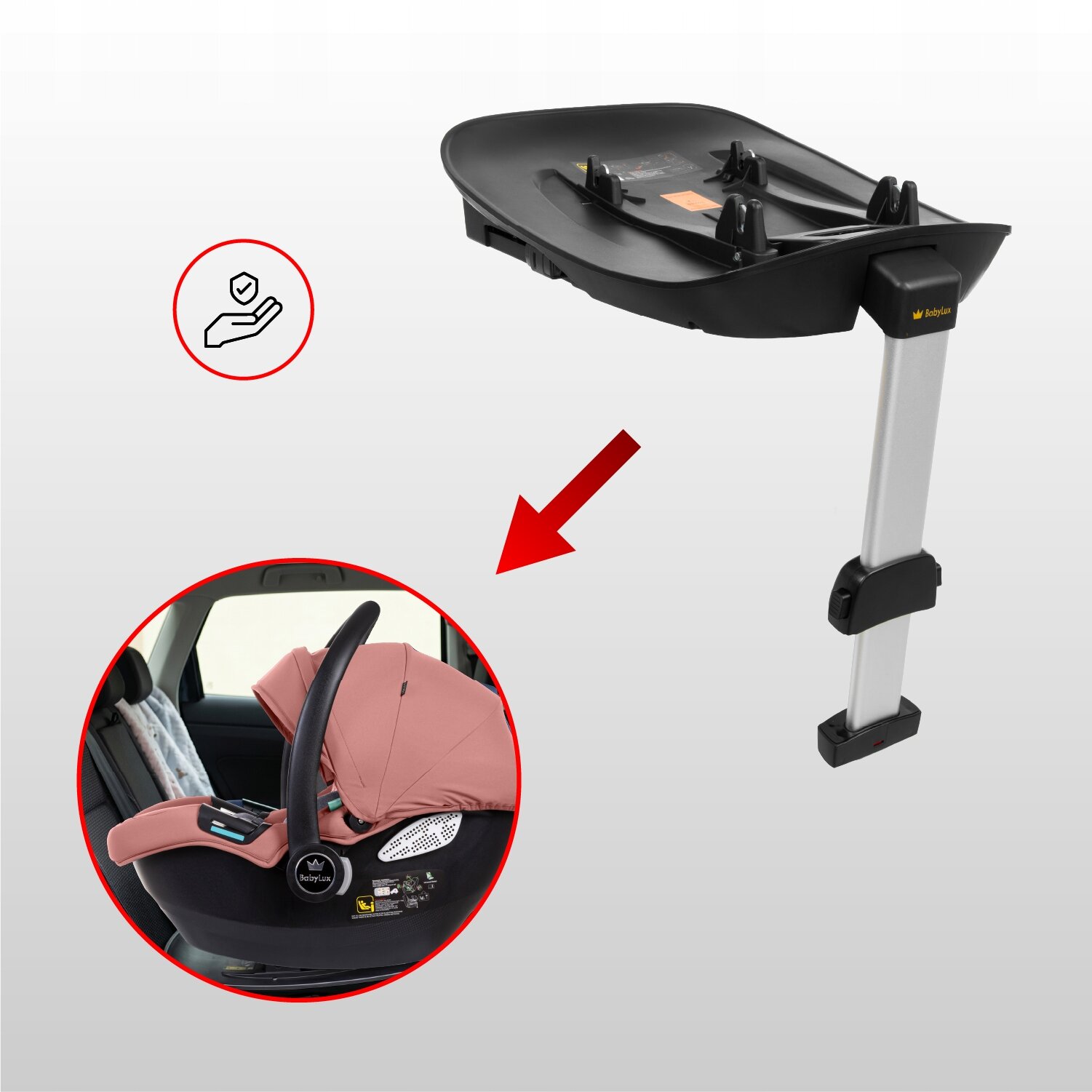 Obraz przedstawia bazę ISOFIX z logo \'media expert\' oraz fotelik samochodowy w kolorze różowym zamontowany w samochodzie. Czerwona strzałka wskazuje na połączenie bazy z fotelikiem.