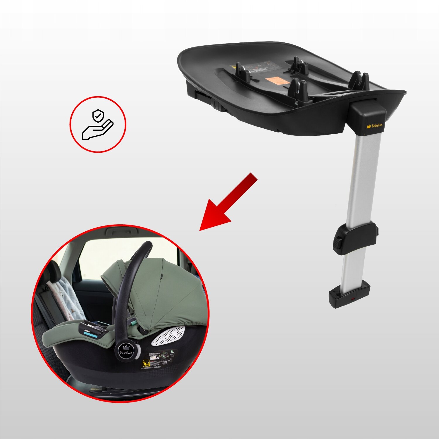 Obraz przedstawia bazę ISOFIX z logo \'media expert\' oraz fotelik samochodowy z zielonym daszkiem umieszczony w samochodzie. Czerwona strzałka wskazuje na połączenie bazy z fotelikiem.