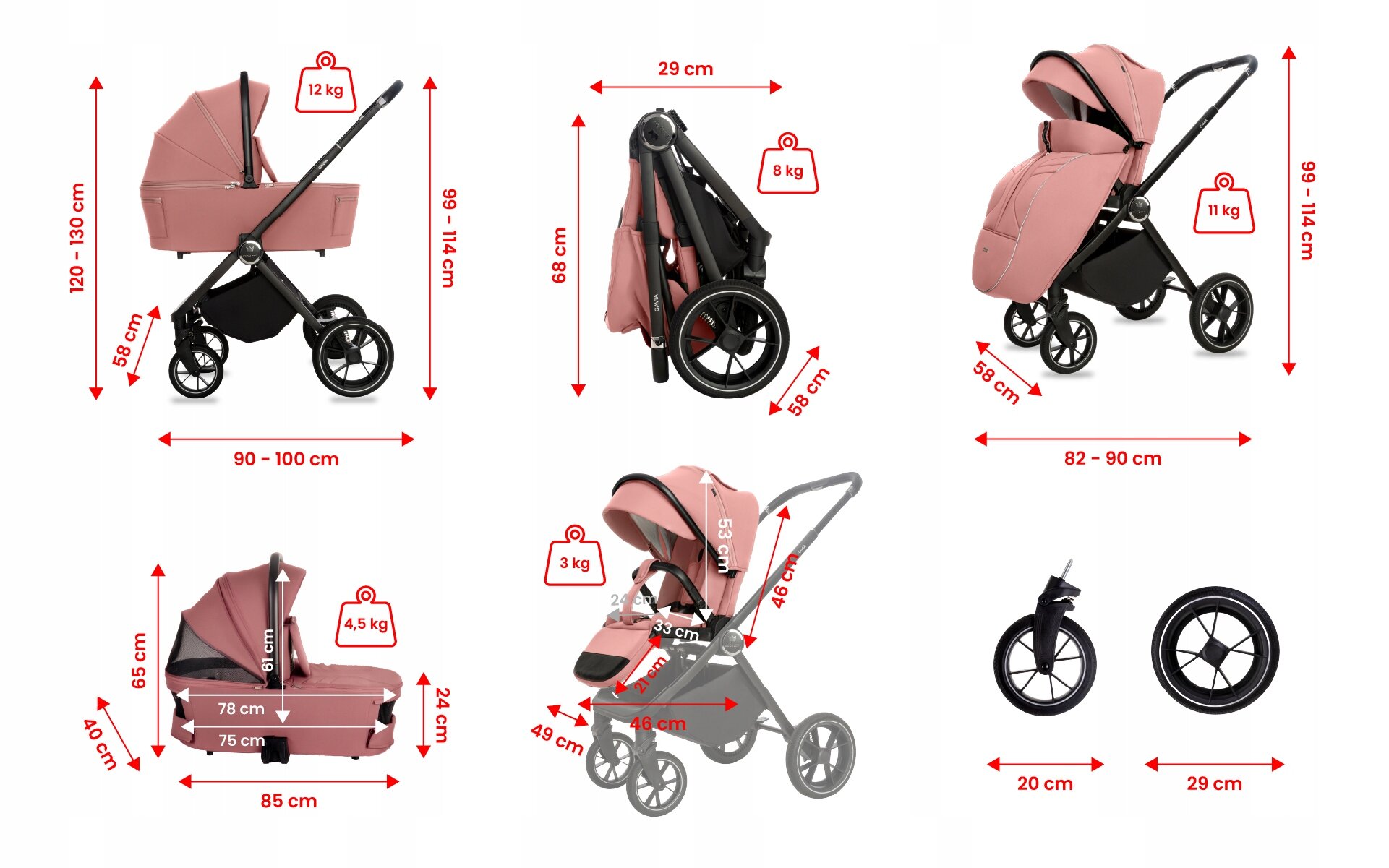 Obraz przedstawia różne konfiguracje wózka dziecięcego 3w1 BabyLux GAVIA, w tym spacerówkę, gondolę i fotelik samochodowy, z podanymi wymiarami i wagą każdej części. Widoczne są również dwa koła o średnicach 20 cm i 29 cm.
