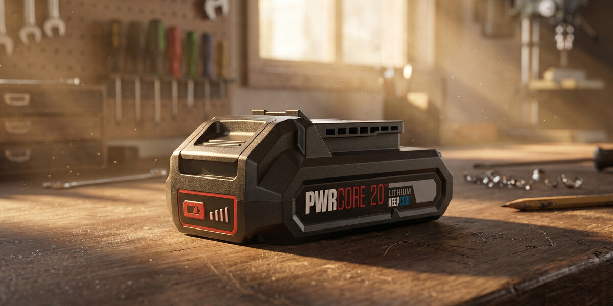 Na drewnianym stole leży akumulator z napisem \'PWR CORE 20V Lithium Keep Cool\'. W tle widać rozmyte narzędzia wiszące na ścianie.