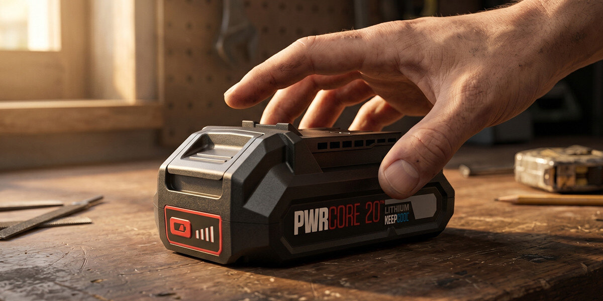 Na drewnianym stole leży akumulator z widocznym napisem \'PWR CORE 20V Lithium Keep Cool\', obok którego znajduje się ręka. W tle widać rozmyte narzędzia warsztatowe.