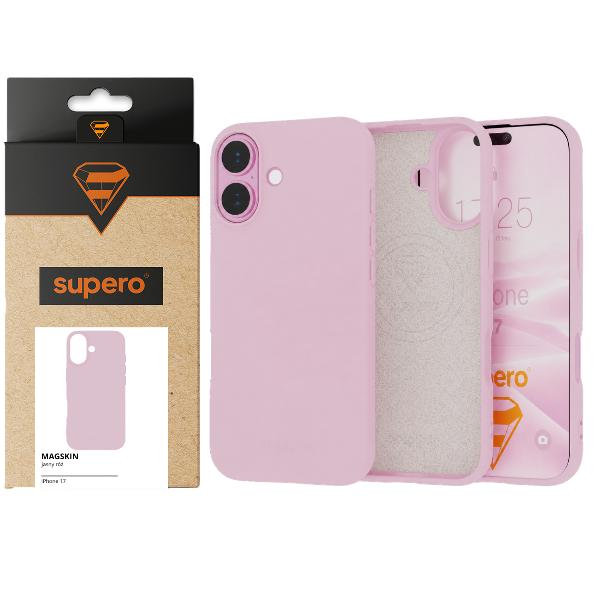 Obraz przedstawia różowe etui silikonowe do telefonu z dwoma otworami na aparat. Obok znajduje się opakowanie z logo \'supero\' i napisem \'MAGSKIN jasny róż iPhone 17\'.