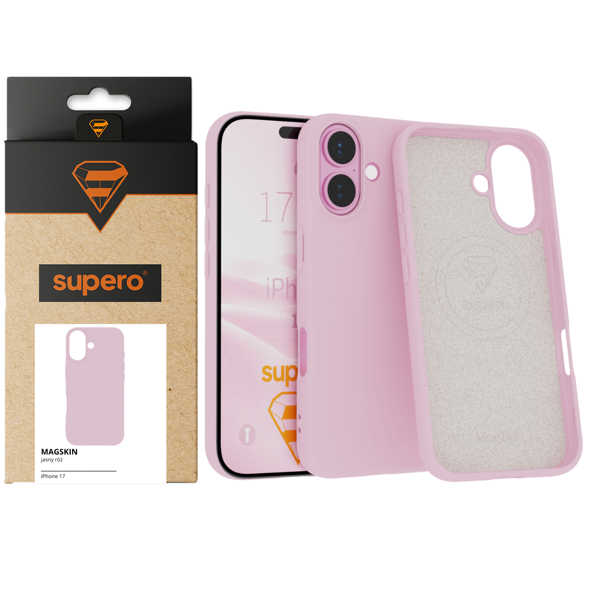 Obraz przedstawia różowe silikonowe etui do iPhone 17 z dwoma otworami na aparat. Obok znajduje się opakowanie z logo \'supero\' i napisem \'MAGSKIN jasny róż iPhone 17\'.