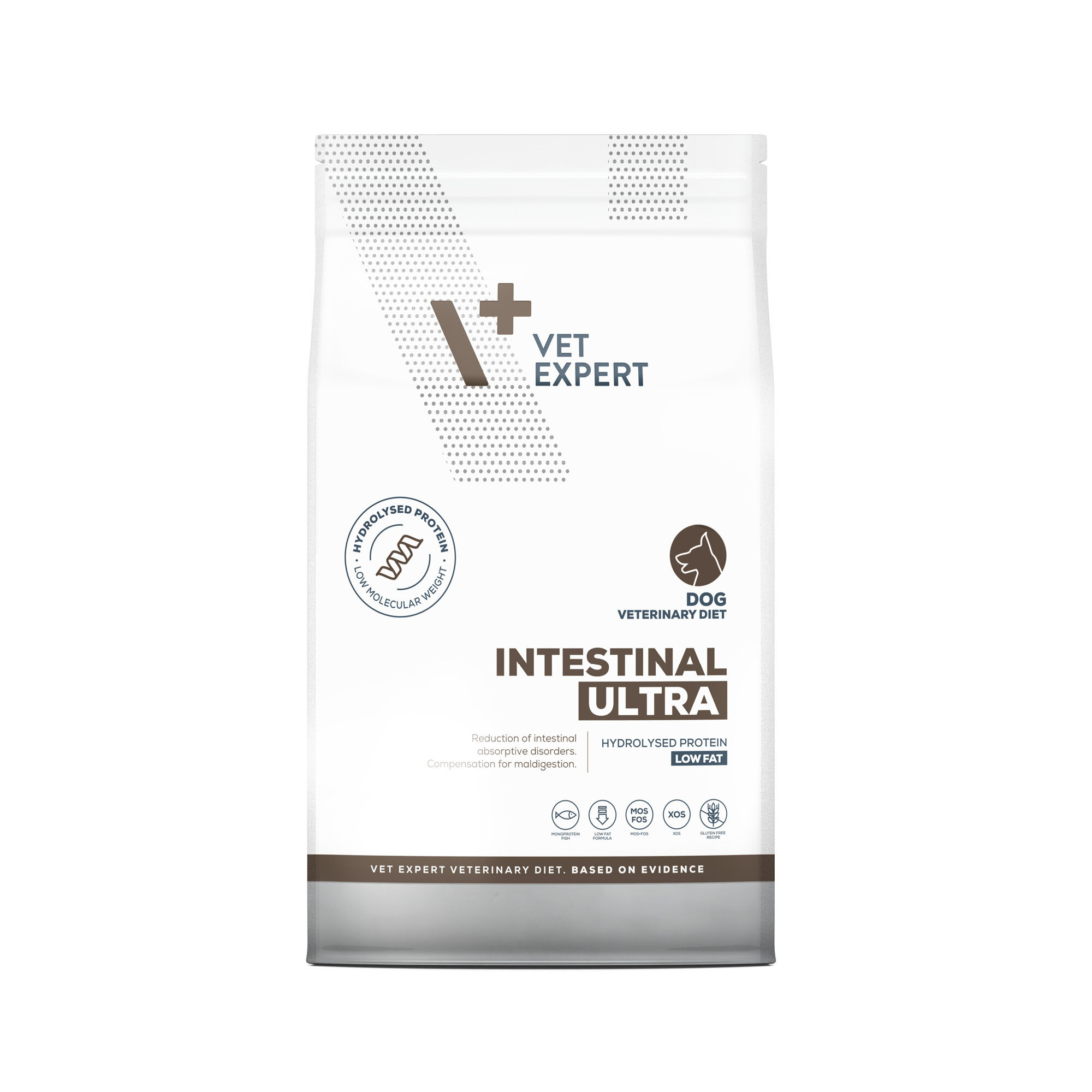 Opakowanie suchej karmy weterynaryjnej dla psów z napisem \'Vet Expert Intestinal Ultra\'. Widoczne są symbole i teksty dotyczące składu i przeznaczenia produktu, w tym \'Hydrolysed Protein\' i \'Low Fat\'.