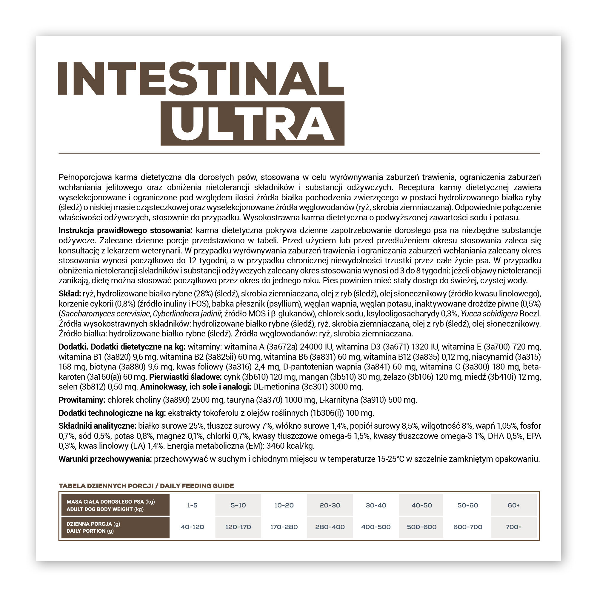 Etykieta produktu \'Intestinal Ultra\' zawiera szczegółowy opis składu i instrukcje stosowania karmy dietetycznej dla psów. Widoczna jest tabela dziennych porcji oraz informacje o składnikach analitycznych i dodatkach technologicznych.