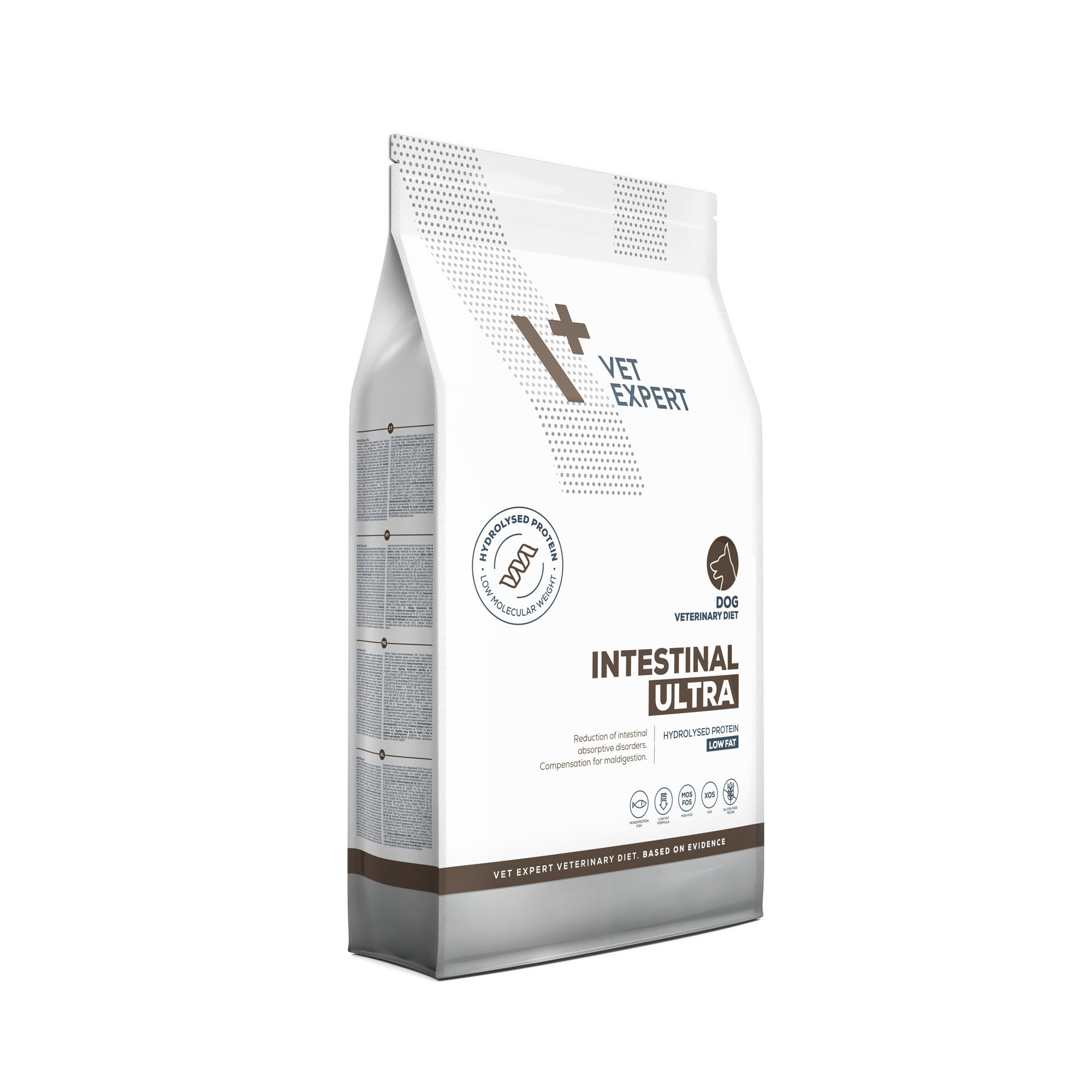 Opakowanie suchej karmy weterynaryjnej dla psów z napisem \'Vet Expert Intestinal Ultra\'. Widoczne są również symbole i teksty dotyczące składu i przeznaczenia produktu.