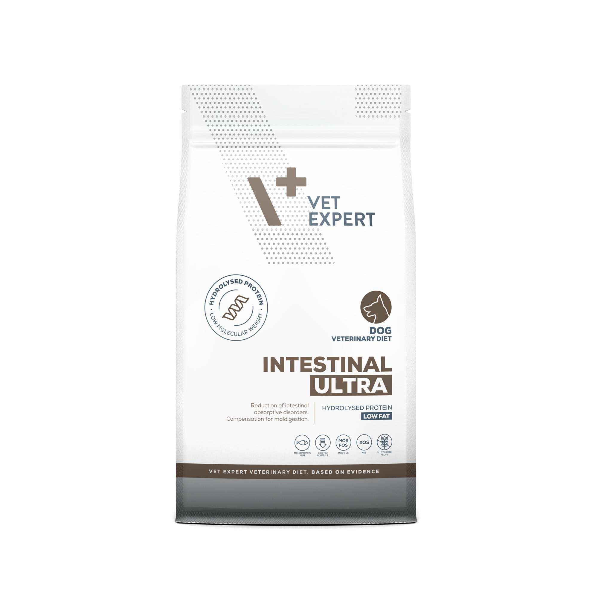 Opakowanie suchej karmy weterynaryjnej dla psów z napisem \'VET EXPERT INTESTINAL ULTRA\'. Widoczne są również symbole i napisy dotyczące niskiej zawartości tłuszczu oraz hydrolizowanego białka.