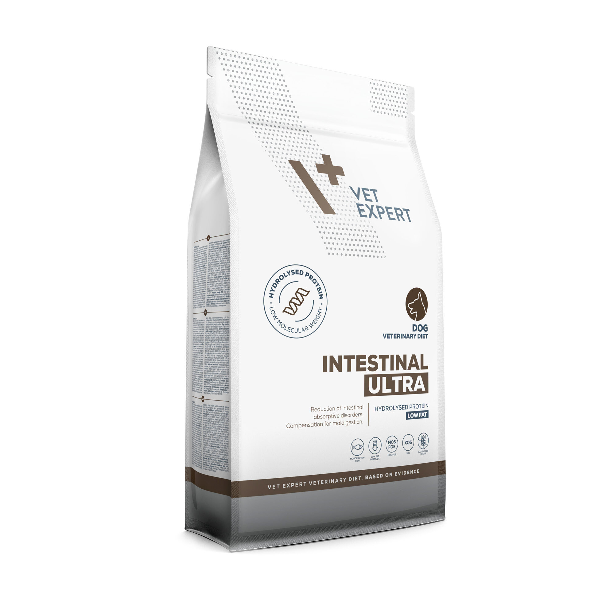 Opakowanie suchej karmy weterynaryjnej dla psów z napisem \'VET EXPERT INTESTINAL ULTRA\'. Widoczne są dodatkowe informacje: \'HYDROLYSED PROTEIN\', \'LOW FAT\' oraz ikony związane z cechami produktu.