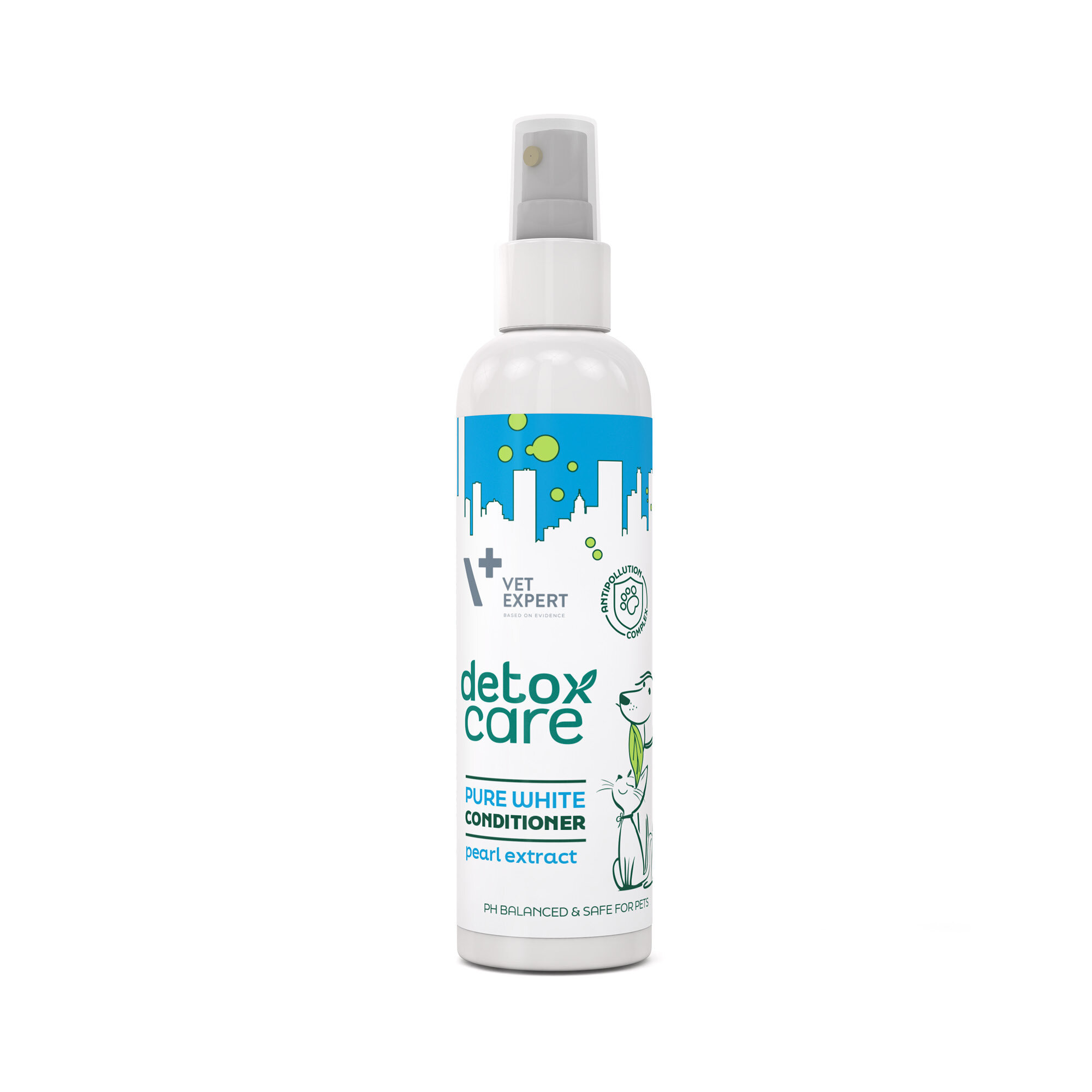 Biała butelka z atomizerem, na której widnieje napis \'Vet Expert Detox Care Pure White Conditioner pearl extract\'. Na etykiecie znajduje się grafika psa i kota oraz zielone bąbelki na niebieskim tle.