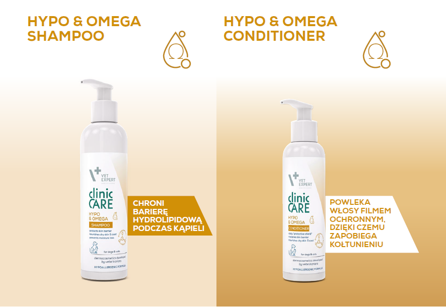 Obraz przedstawia dwa produkty Vet Expert: Hypo & Omega Shampoo i Hypo & Omega Conditioner. Szampon opisany jest jako \'Chroni barierę hydrolipidową podczas kąpieli\', a odżywka jako \'Powleka włosy filmem ochronnym, dzięki czemu zapobiega kołtunieniu\'.