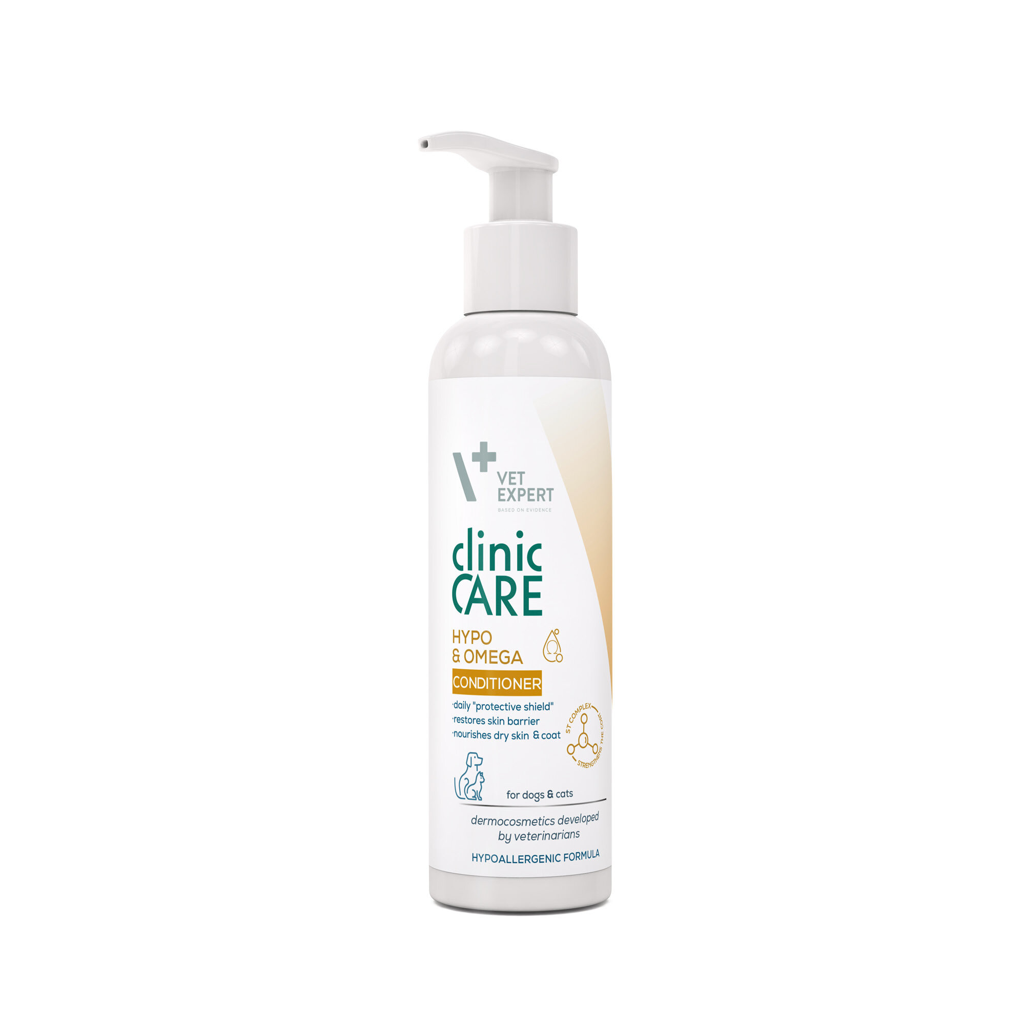 Biała butelka z pompką zawiera produkt \'Vet Expert Clinic Care Hypo & Omega Conditioner\'. Na etykiecie widnieje napis: \'daily protective shield, restores skin barrier, nourishes dry skin & coat, for dogs & cats, dermocosmetics developed by veterinarians, hypoallergenic formula\'.