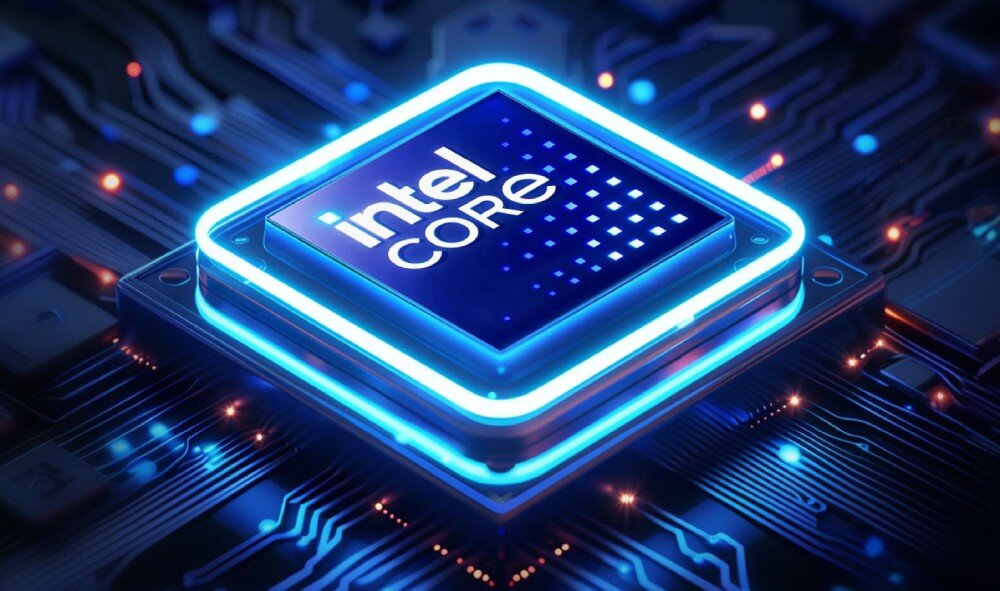Obraz przedstawia procesor z podświetlonym na niebiesko napisem \'intel CORE\' na tle płyty głównej z widocznymi ścieżkami i elementami elektronicznymi.