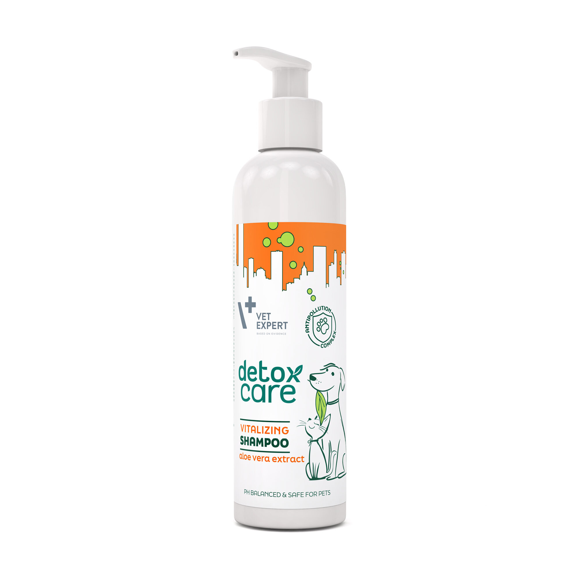 Biała butelka z pompką, na której widnieje napis \'Vet Expert Detox Care Vitalizing Shampoo aloe vera extract\'. Na etykiecie znajduje się grafika psa i kota oraz pomarańczowy pasek z bąbelkami.