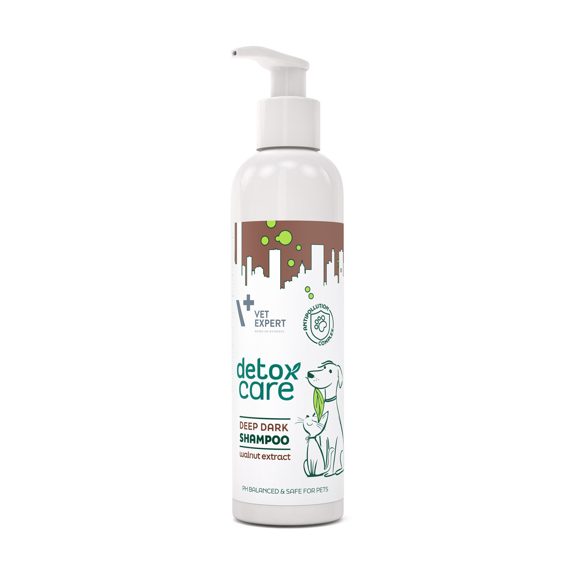 Biała butelka z pompką zawiera szampon Vet Expert Detox Care Deep Dark Shampoo z ekstraktem z orzecha włoskiego, przeznaczony dla zwierząt o ciemnym ubarwieniu sierści. Na etykiecie widoczne są grafiki psa i kota oraz napisy: \'Vet Expert\', \'detox care\', \'deep dark shampoo\', \'walnut extract\', \'pH balanced & safe for pets\'.