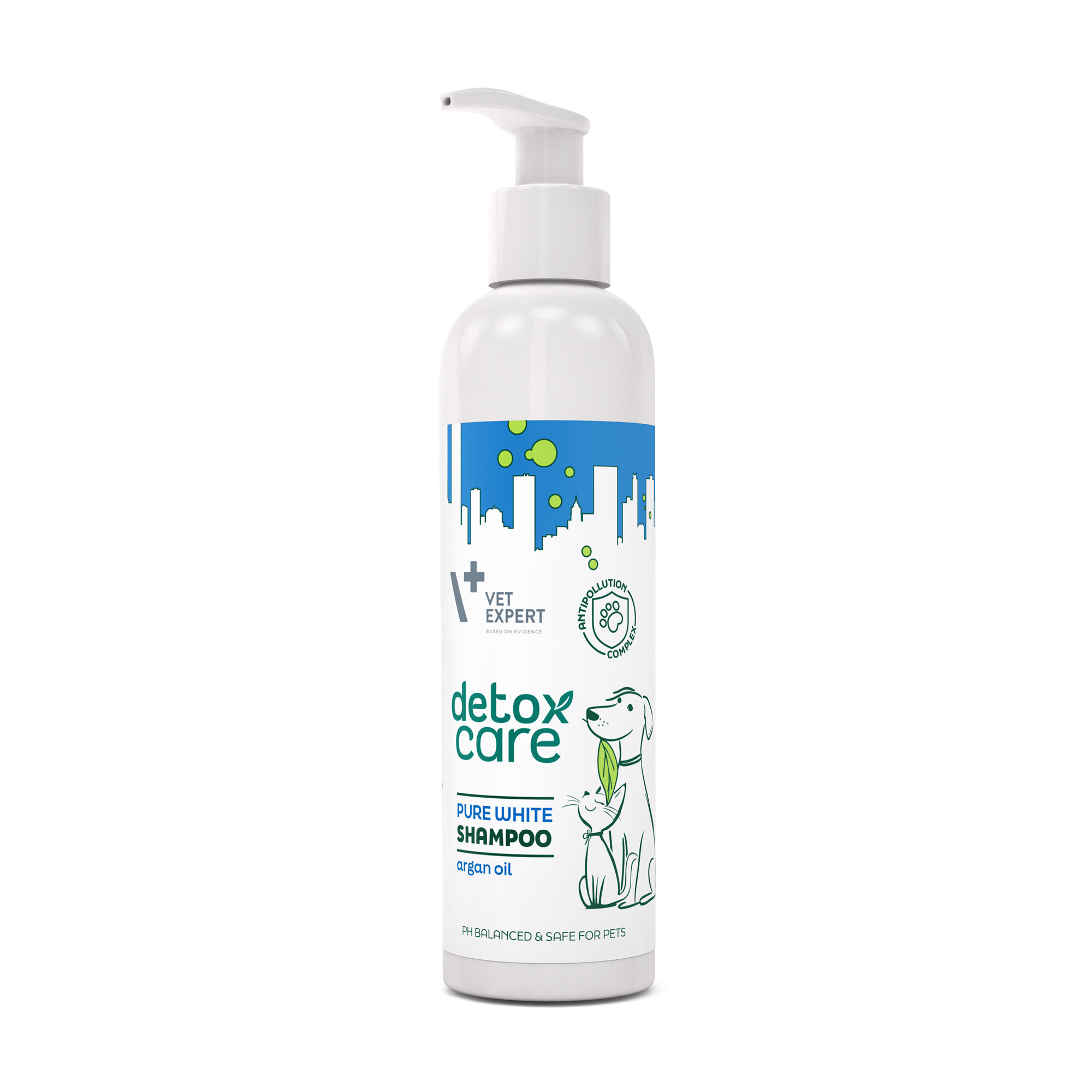 Biała butelka z pompką zawiera szampon Vet Expert Detox Care Pure White Shampoo z olejem arganowym, przeznaczony dla psów i kotów z jasną sierścią. Na etykiecie widnieje grafika psa i kota oraz napisy: \'detox care\', \'PURE WHITE SHAMPOO\', \'argan oil\', \'pH BALANCED & SAFE FOR PETS\'.