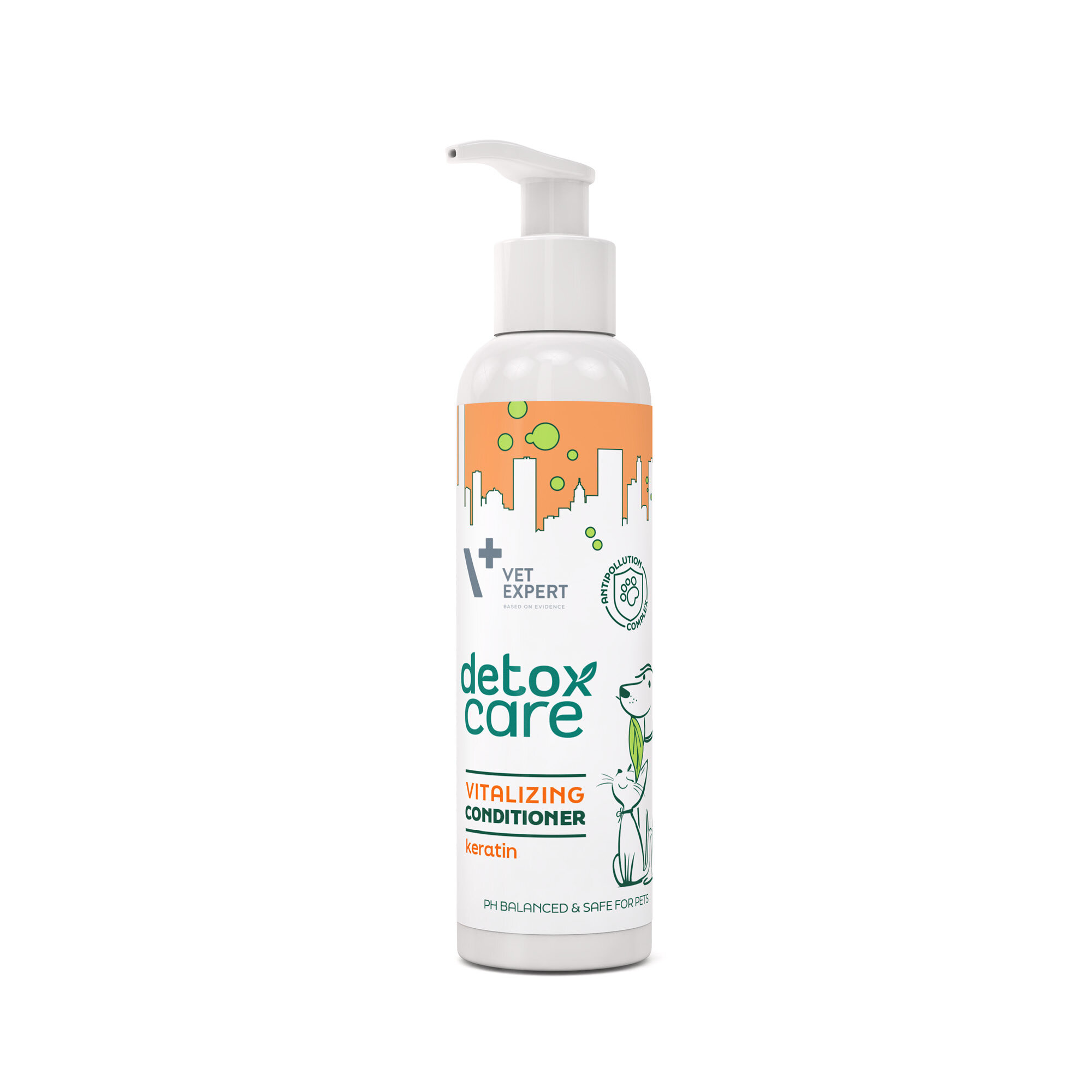 Biała butelka z pompką, na której widnieje napis \'Vet Expert Detox Care Vitalizing Conditioner\'. Grafika przedstawia psa i kota oraz pomarańczowe elementy dekoracyjne.