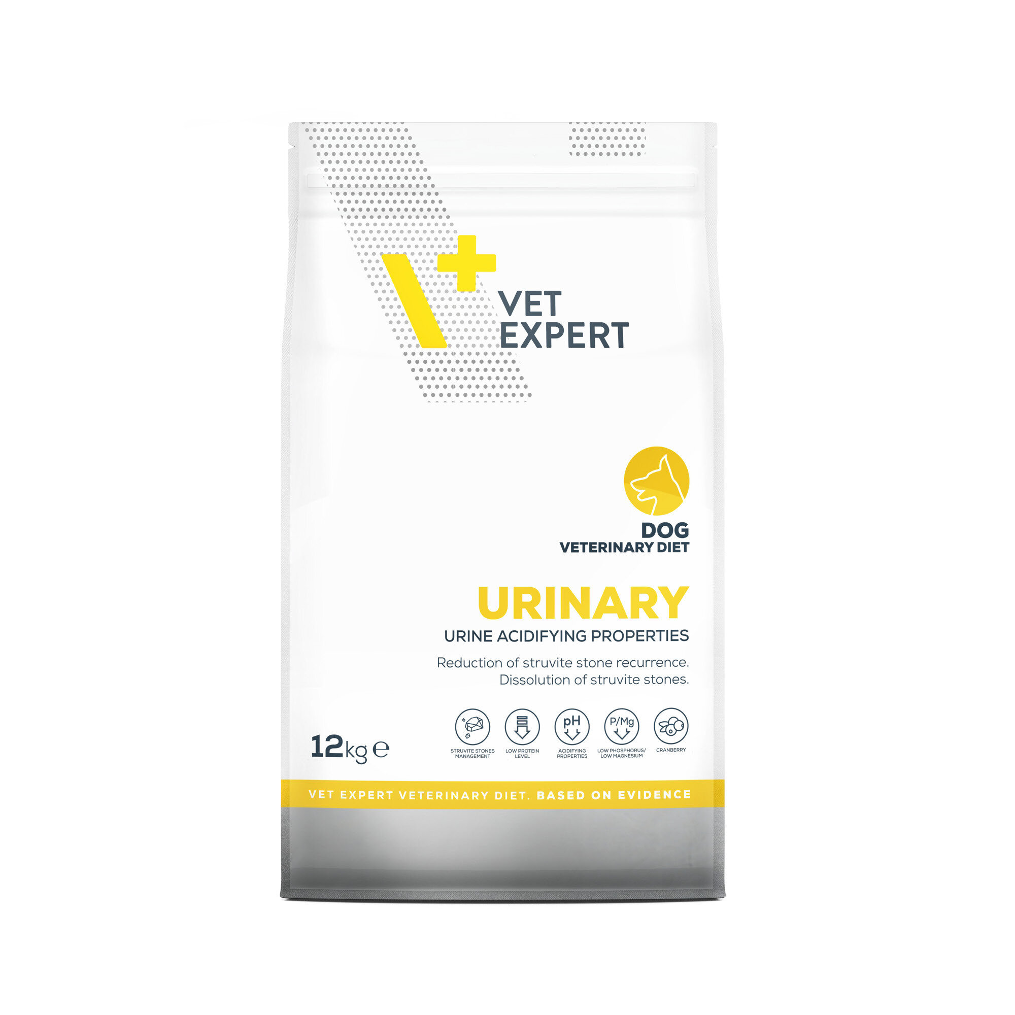 Opakowanie suchej karmy weterynaryjnej dla psów marki Vet Expert o nazwie \'Urinary\'. Na opakowaniu widnieje napis: \'URINARY URINE ACIDIFYING PROPERTIES Reduction of struvite stone recurrence. Dissolution of struvite stones.\'