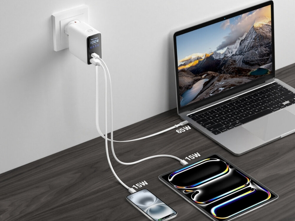 Na obrazie widać ładowarkę podłączoną do gniazdka, z której wychodzą trzy kable ładujące różne urządzenia: laptop (65W), telefon (15W) i tablet (15W). Na wyświetlaczu ładowarki widoczny jest napis \'100W\'.