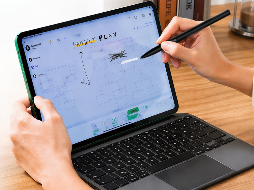 Osoba używa czarnego rysika do pisania na ekranie tabletu, na którym widoczny jest napis \'PROJECT PLAN\'. Tablet jest umieszczony na klawiaturze, a w tle widać drewniany blat.