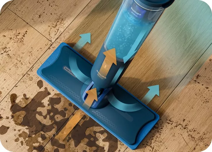 Mop Philips OneUp wciąga brudną wodę i myje czystą wodą.