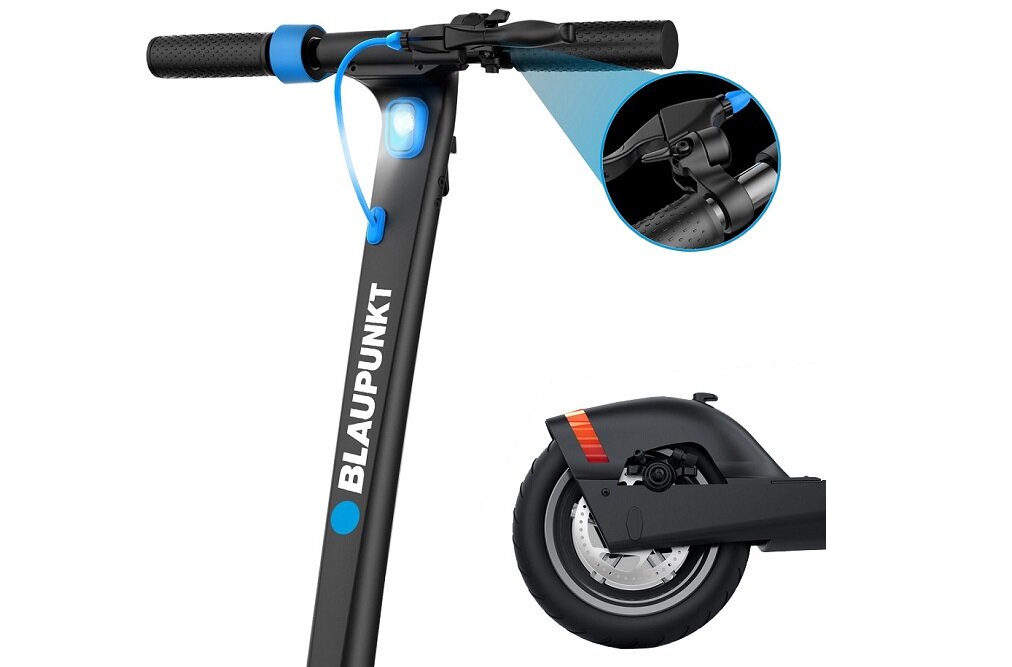 Czarna hulajnoga elektryczna z widocznym logo \'BLAUPUNKT\' na pionowej części kierownicy. Obok znajduje się zbliżenie na mechanizm składania oraz tylne koło z czerwonymi elementami odblaskowymi.