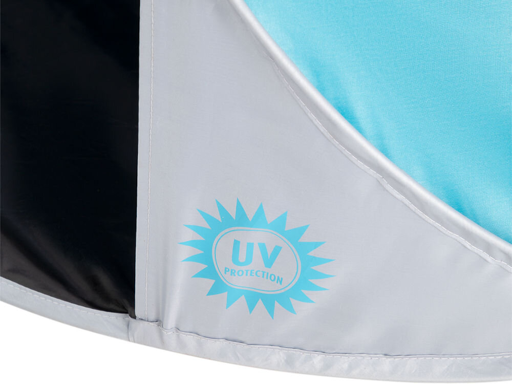 Fragment namiotu w kolorach turkusowym i szarym z widocznym napisem \'UV PROTECTION\' w niebieskim emblemacie.