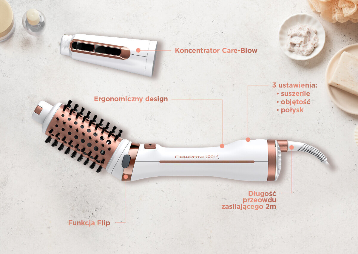 Na obrazie widoczna jest suszarko-lokówka z oznaczeniami: \'Koncentrator Care-Blow\', \'Ergonomiczny design\', \'Funkcja Flip\', \'3 ustawienia: suszenie, objętość, połysk\', \'Długość przewodu zasilającego 2m\'. Produkt ma biało-miedziane wykończenie i widoczne logo \'Rowenta\'.