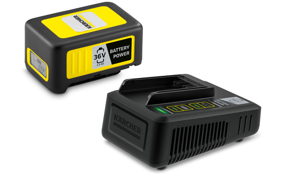 Na obrazie widoczna jest bateria z napisem \'36V 2.5 Ah BATTERY POWER\' oraz ładowarka z logo \'KARCHER\'.