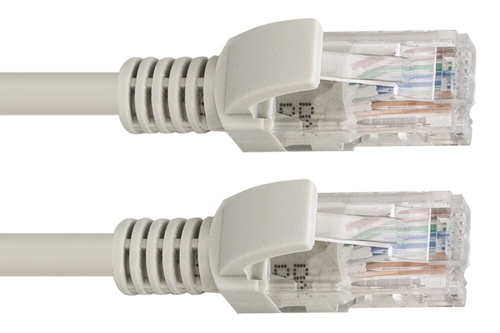 Obraz przedstawia dwa złącza RJ-45 w kolorze szarym, z przezroczystymi końcówkami ukazującymi kolorowe przewody wewnętrzne.