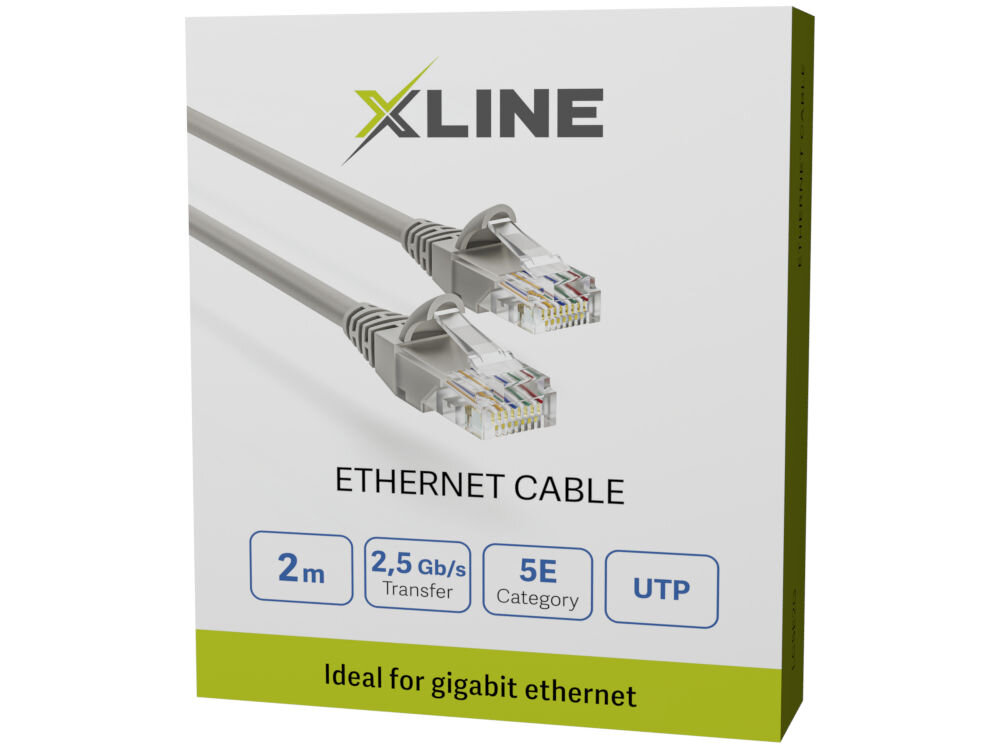 Opakowanie kabla Ethernet marki XLINE z widocznymi dwoma wtykami RJ-45. Na opakowaniu znajdują się informacje: \'2m\', \'2,5 Gb/s Transfer\', \'5E Category\', \'UTP\' oraz napis \'Ideal for gigabit ethernet\'.