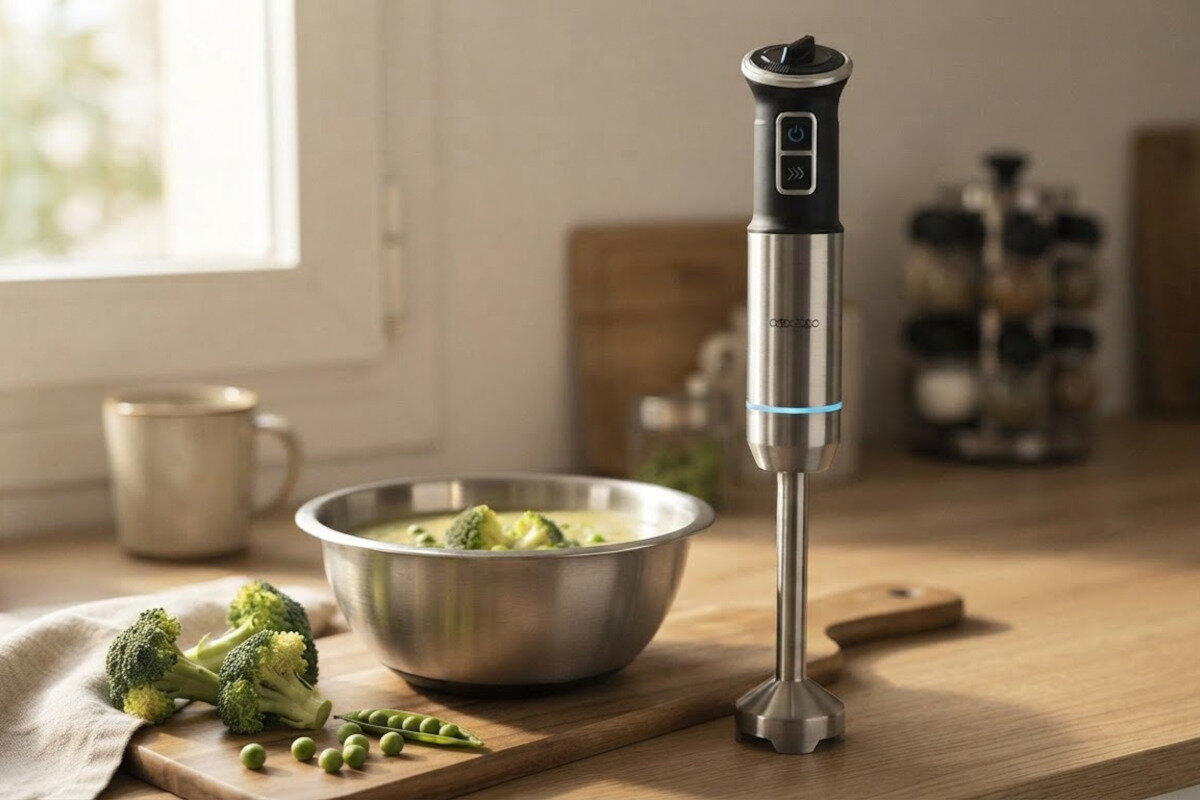 Na drewnianym blacie kuchennym stoi metalowy blender ręczny obok miski z brokułami i groszkiem. W tle widoczne są przyprawy i kubek, a na blenderze znajduje się logo \'CECOTEC\'.