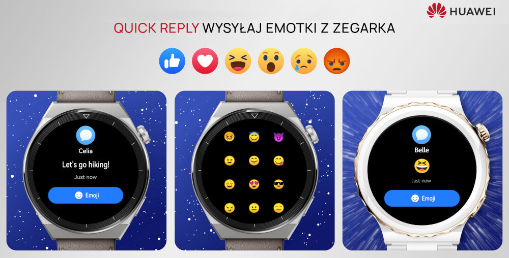 Trzy smartwatche z wyświetlonymi różnymi ekranami: wiadomość tekstowa, wybór emotikonów i odpowiedź emotikoną. Na górze napis: \'QUICK REPLY WYSYŁAJ EMOTKI Z ZEGARKA\' oraz logo HUAWEI.
