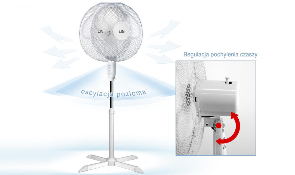 Wentylator stojący z napisem \'LIN\' na osłonie, z funkcją oscylacji poziomej. Obok znajduje się diagram pokazujący regulację pochylenia czaszy.
