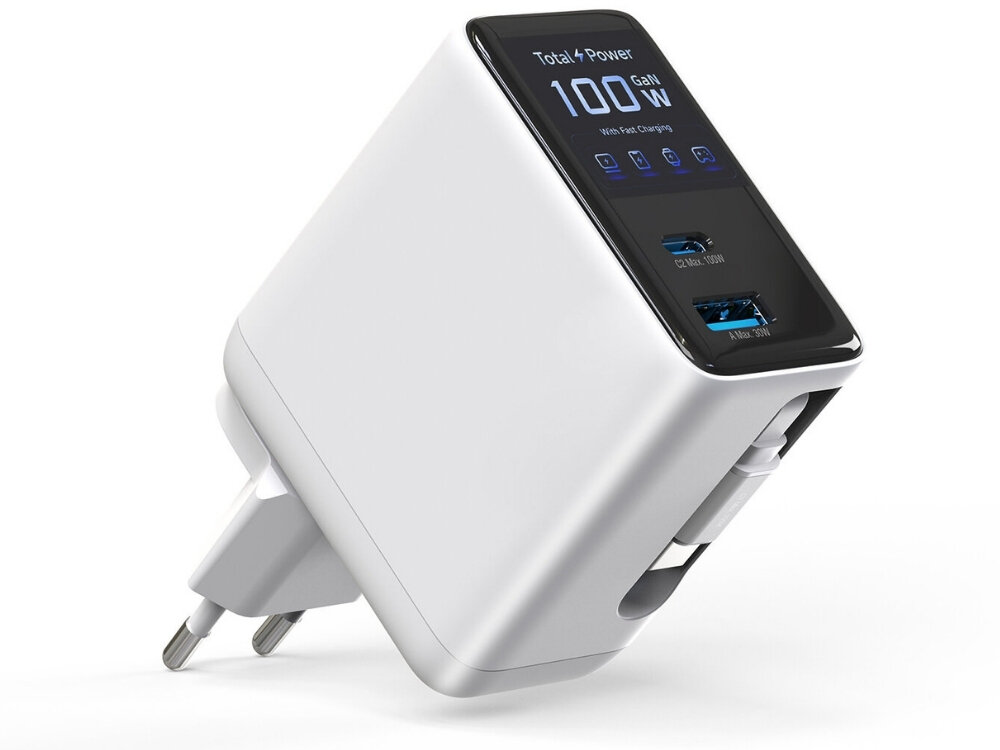 Biała ładowarka sieciowa z dwoma portami USB i wyświetlaczem pokazującym \'Total Power 100 GaN W\'.